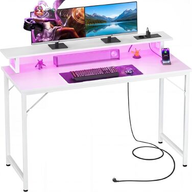 Комп'ютерний стіл iSunirm 120x50 см для геймінгу з RGB підсвіткою, розеткою та підставкою під монітор. Білий стіл для дому, офісу, спальні