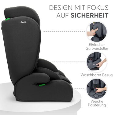 Автокрісло KikkaBoo i-PASS 9-36 кг, i-Size, 76-150 см, Чорне - для дітей від 1 року до 12 років