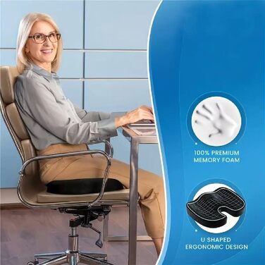 Ортопедична подушка для сидіння з піни Memory Foam: підтримка куприка та зняття болю при ішіасі (чорна). Для авто, офісу, дивана, інвалідного візка.