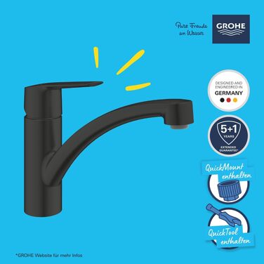 Змішувач кухонний GROHE Start з плоским виливом, чорний, 305302432 - економія води, поворот 140°, легкий монтаж