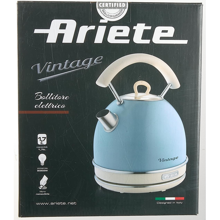 Електрочайник Ariete Vintage 2877, ретро дизайн, 1,7 л, 2000 Вт, нержавіюча сталь, видимий рівень води, автоматичне вимкнення, бездротовий 360° підставка, ергономічна ручка, блакитний