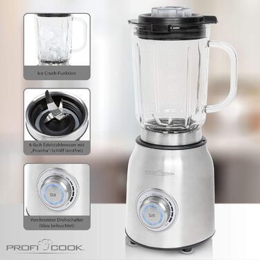Потужний блендер Profi Cook PC-UM 1207, 1,75 л, скляна чаша, 6-лезовий ніж, турбо-режим, універсальний, нержавійка