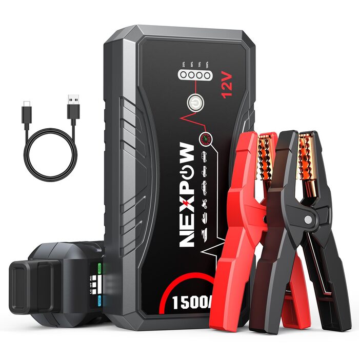 Powerbank Starthilfe NEXPOW 1500A: Зарядний пристрій для автомобіля, стартер, LED ліхтарик, USB, 12V, 1500A