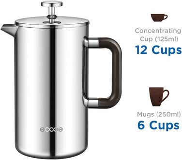 Френч-прес Ecooe 1,5 л з нержавіючої сталі 18/10, подвійні стінки, 3 фільтри, для кави, велика місткість