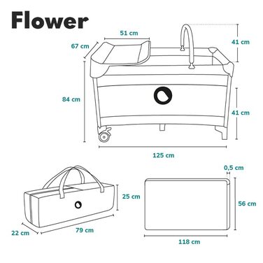 Дитяче ліжечко-манеж Lionelo Flower 4-в-1 з боковим входом, пеленатором, двома рівнями висоти, ігровою дугою, колесами та сумкою для перенесення
