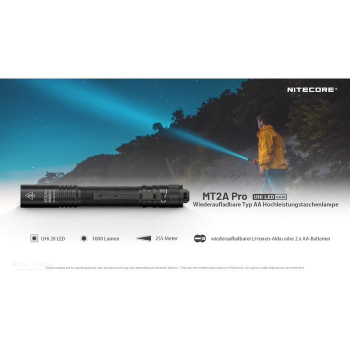 Ліхтарик Nitecore MT2A PRO 1000 люмен, акумуляторний, тактичний, USB-зарядка, чорний