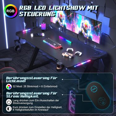 Ігровий стіл JUMMICO з RGB LED-підсвіткою, комп'ютерний стіл для геймерів та Home-office з тримачем для навушників та підстаканником, чорний (140 x 60 см)