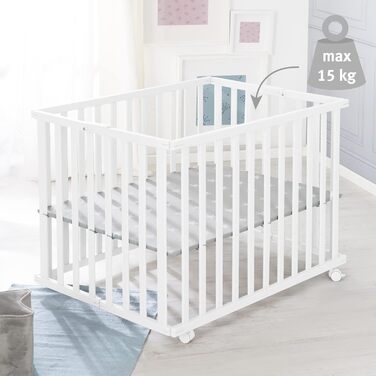 Дитячий манеж roba складаний, білий, дерево, з матрацом Little Stars, 74x100 см, компактний, на колесах