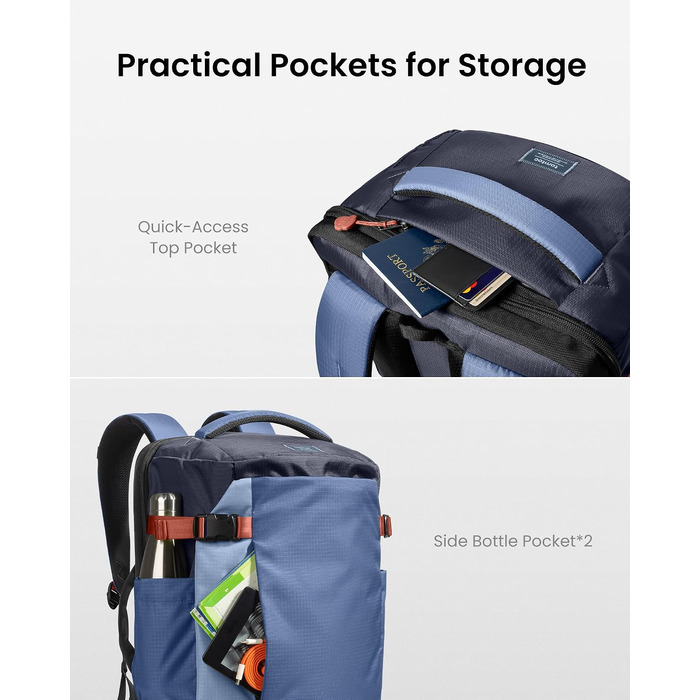 Дорожній рюкзак tomtoc 28L/40L для подорожей та літака, TSA-сумісний рюкзак для ручної поклажі (Coastal Blue-ripstop)