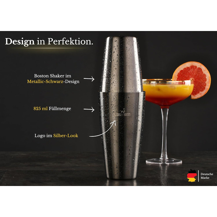 Набір для коктейлів з нержавіючої сталі 11 предметів – набір Boston Cocktail Shaker 825мл з підставкою та аксесуарами для бару, набір для бармена, набір для приготування коктейлів, барний набір, Boston Shaker, чорний металік