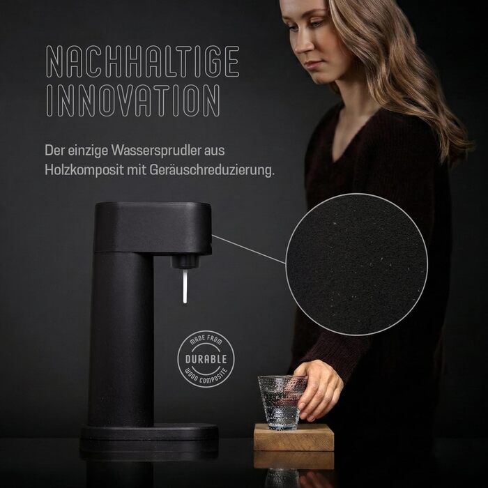 Сифон для газування води Mysoda Woody Wassersprudler (Pigeon), чорний, з CO2-циліндром