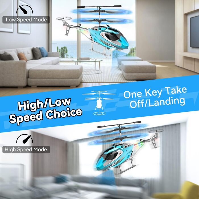 Радіокерований вертоліт Hubschrauber 2.4G з LED підсвіткою для хлопчиків та дорослих (від 12 років), 3.5 канали, гіростабілізатор, фіксована висота, автоматичний зліт, блакитний