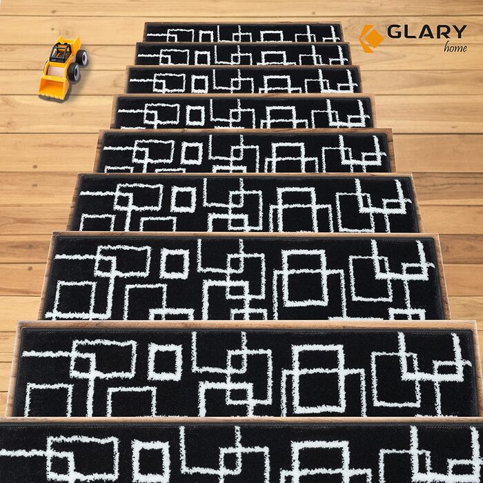 Комплект 15 килимків для сходів Glary Home, 22×71×1,2 см, самоклеючі, квадратний візерунок, біло-чорні