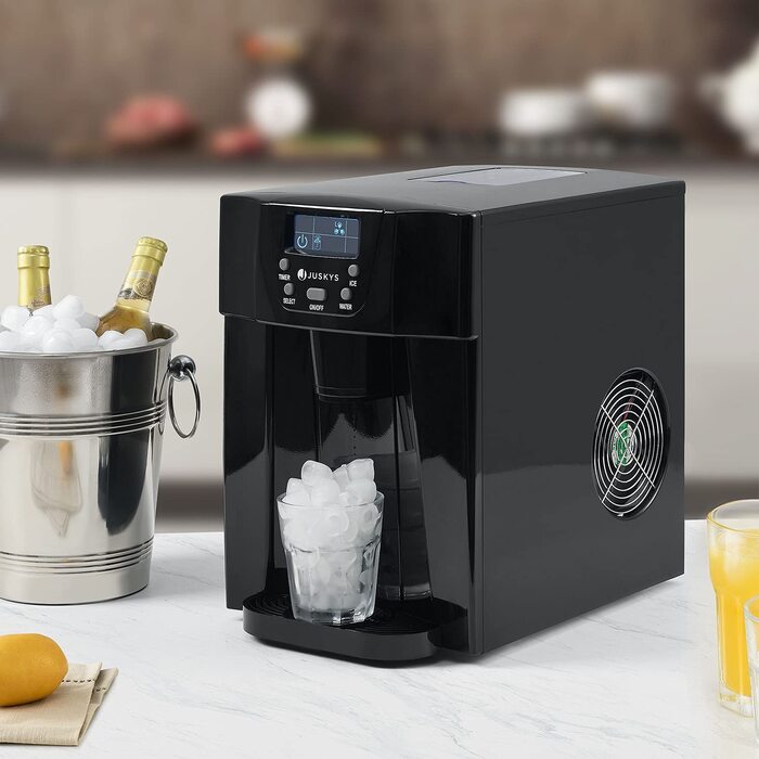Льодогенератор Juskys PIM200L з прямим дозатором та таймером, чорний, до 12 кг/добу, 2 розміри кубиків, 2 л резервуар, лід за 6-10 хвилин