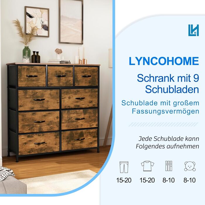 LYNCOHOME комод з тканинними шухлядами, 9 секцій, для вітальні, спальні, коридору, кухні, офісу, вінтажний коричневий