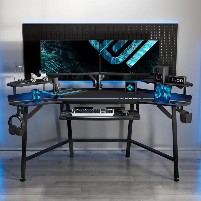 Ігровий стіл EUREKA ERGONOMIC 160x74 см - великий стіл у формі крила з 2 відсіками для iPad. Підходить для дому, офісу, стрімінгу. Чорний колір.