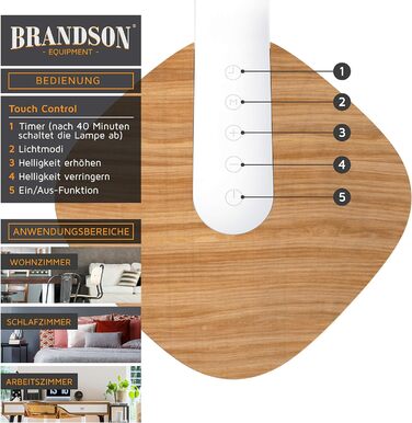 Brandson LED настільна лампа з дерева, диммована, 5 рівнів яскравості, 3 температури світла, сенсорне керування, 450 люмен, для офісу, навчання, біла, захист для очей
