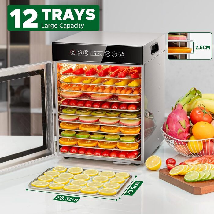 Сушарка для продуктів Kwasyo Edelstahl 750W, 12 ярусів, професійна, з таймером, регулюванням температури та захистом від перегріву + книга рецептів