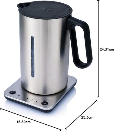 Електрочайник Wilfa Svart Format 1,25 л, 2200 Вт, регулювання температури 40-100°C, функція підтримки тепла, подвійні стінки, сріблястий