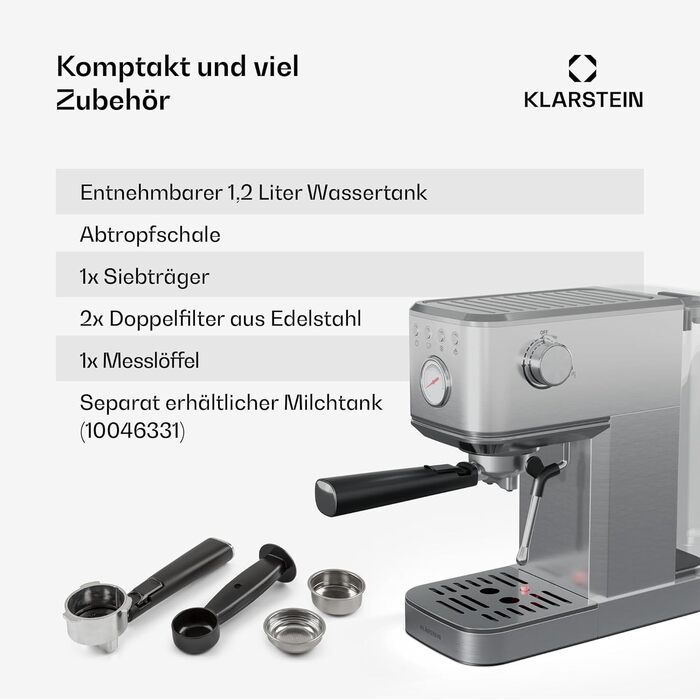 Еспресо-машина Klarstein SteelPresso Slim, 20 Бар, 1350 Вт, нержавіюча сталь, 1,2 л, з паровою насадкою, компактна, проста у використанні