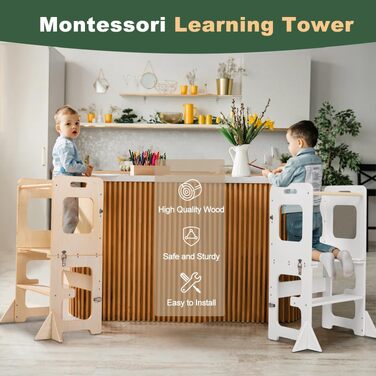 Дитяча стійка-помічник Labebe Montessori 3 в 1: складана навчальна вежа з дошкою для кухні та ванної, біла