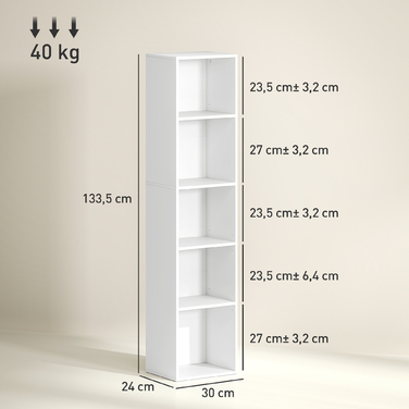 Стелаж для книг, 5 відділень, регульовані полиці, дерево, 30 x 24 x 133,5 см, білий