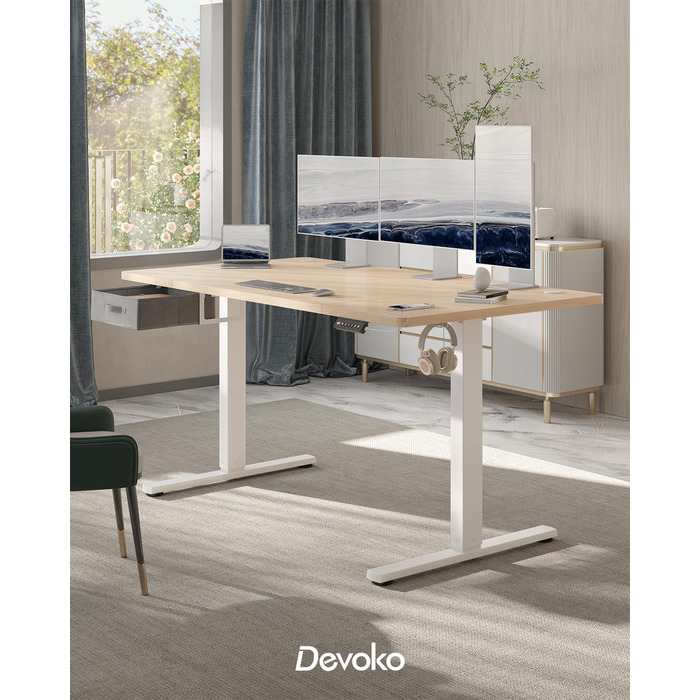 Регульований стіл Devoko 160x80 см з висувними ящиками, USB-порт, органайзер для кабелів, стіл для комп'ютера з 3-ма пам'ятними функціями, білий