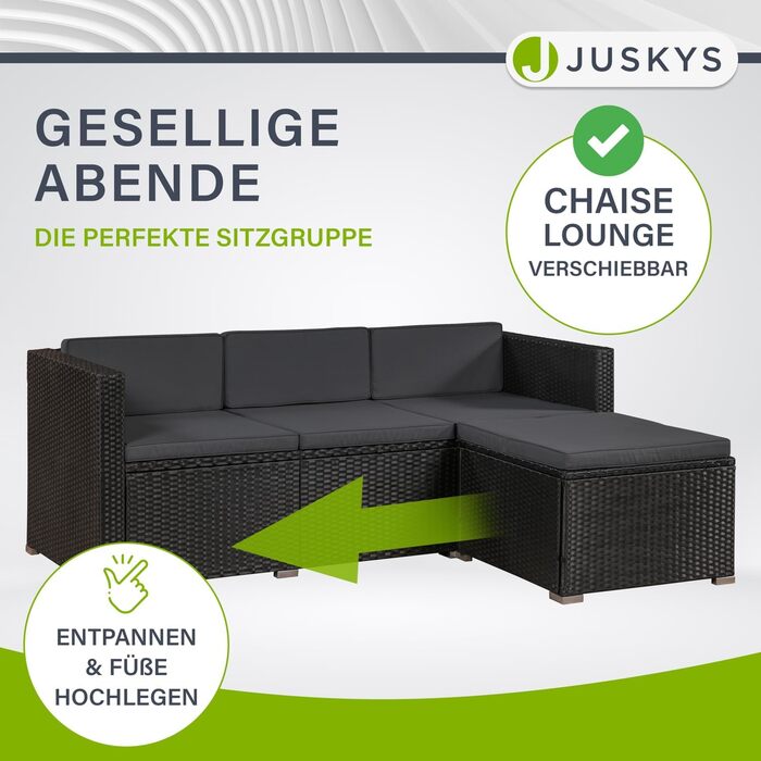 Садовий комплект меблів Juskys Polyrattan Punta Cana для 4-5 осіб: диван, крісло, пуф, стіл, подушки - чорний/сірий