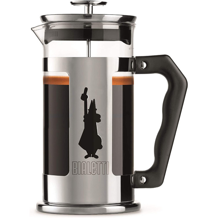 Френч-прес Bialetti Preziosa 1 л, скло та нержавійка, для кави та чаю, 8 чашок, сріблястий, підходить для посудомийки