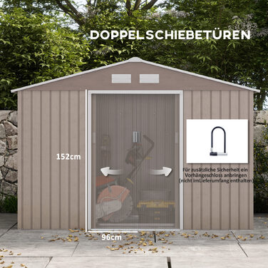 Outsunny Garden Shed 4,9 м², Садовий сарай з моноскатним дахом, Розсувні двері, Фундамент, 277 x 195 x 192 см, Сарай для інструментів з оцинкованої сталі, Стійкий до погодних умов, Для саду, Світло-коричневий
