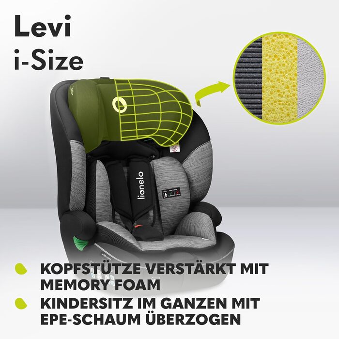 Автокрісло Lionelo Levi i-Size 76-150см R129, група 1/2/3, чорно-сірий, з Memory Foam та Dri-Seat