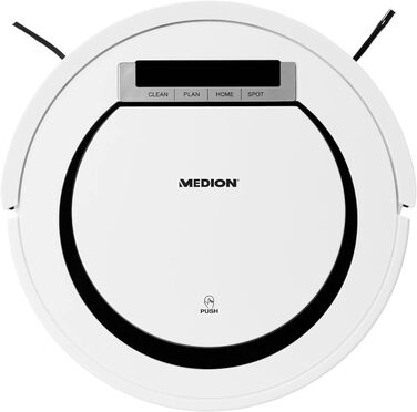 Робот-пилосос MEDION MD 18600, 90 хв, автоматичне повернення на зарядку, для твердих підлог, килимів, плитки, ламінату, для шерсті тварин, білий, модель 2018