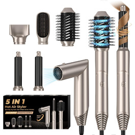 UKLISS Airstyler 5-в-1: Фен-щітка, стайлер для волосся з іонізацією, випрямляч, плойка для локонів, насадки для укладання. Золото-білий колір
