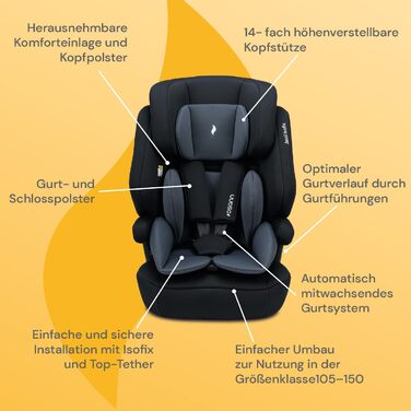 Дитяче автокрісло Osann Jazzi Isofix i-Size, з 1 року, для зросту 76-150 см, чорне, з регулюванням по висоті