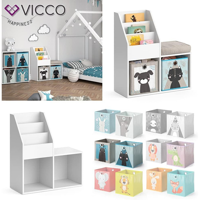 Дитяча книжкова полиця Vicco Luigi, біла, 72x79 см, з 2 складними коробками з малюнком песика та котика