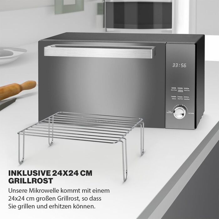 Мікрохвильова піч з грилем ProfiCook 23 л, 1000 Вт, без обертового столу, вертикальне відкривання, дзеркальні дверцята, чорна