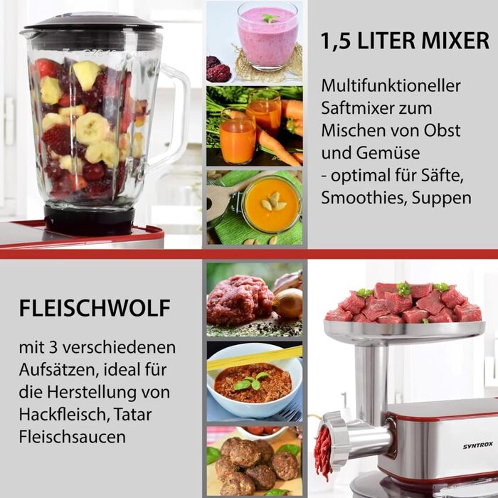 Кухонна машина Syntrox Germany Glumya 7 л, м'ясорубка, насадки для тіста та крему, нержавіюча сталь, LED-дисплей, 1300 Вт, червона