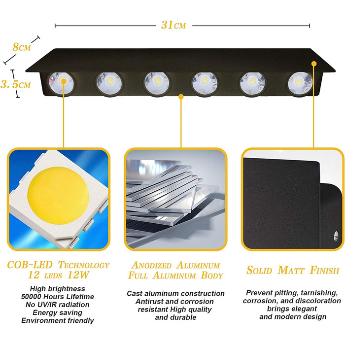 Світильник настінний LED BELLALICHT 12W, алюміній, IP54, тепле світло, чорний, для вітальні, спальні, коридору, сходів