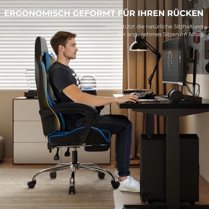 Ігрове крісло Dowinx Ergonomic Gaming Chair з підножкою, синій колір, витримує до 150 кг, регульовані підлокітники, ергономічний стілець для ПК та офісу
