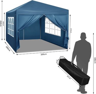Павільйон WOLTU Pop-Up водонепроникний складаний з боковинами, садовий тент 3x3 м, металевий каркас, для тераси, кемпінгу, фестивалю, з Оксфордської тканини, синій