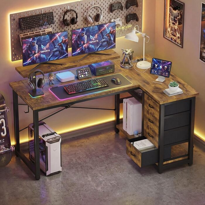 Кутовий комп'ютерний стіл L-подібний JUMMICO з 4 ящиками, розетками та USB, 140x80 см (Коричневий) для дому та геймінгу
