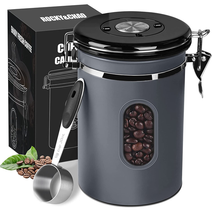 Контейнер для кави ROCKY&CHAO 2.8L з нержавіючої сталі, герметичний, з віконцем, для кавових зерен, чаю, горіхів, какао. Збереження свіжості