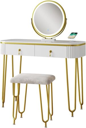 Туалетний столик Vicco Grace 100 см, білий, з LED дзеркалом, QI-зарядкою та пуфом