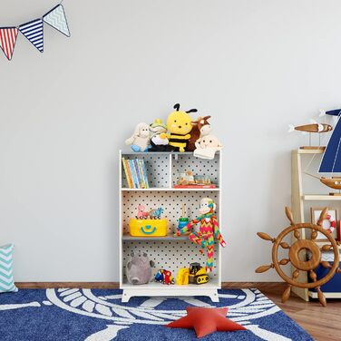 Дитяча полиця для іграшок і книг Relaxdays, 4 секції, 90x60x30 см, для хлопчиків і дівчаток, біла/сіра