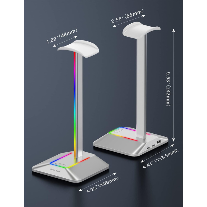 Підставка для навушників New bee RGB з USB Type-C, універсальна підставка для геймерських навушників, зарядка та передача даних, колір сріблястий