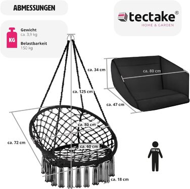 Гойдалка-крісло tectake® для дому та вулиці, підвісне крісло з міцним каркасом і м'якою подушкою, меблі для тераси та балкона, максимальне навантаження 150 кг, чорний колір