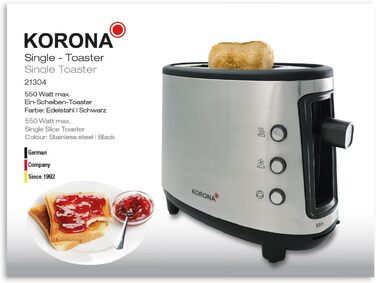 Тостер Korona 21304 на 1 тост, нержавійка, 550 Вт, підставка для булочок, регулювання температури, знімний піддон для крихт