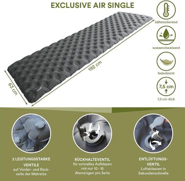 Надувний туристичний килимок Skandika Elite Exclusive Air, 7,5 см, сірий, односпальний, ізоляційний мат для кемпінгу