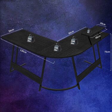 Кутовий комп'ютерний стіл JUMMICO L-формат 130x130x75 см, ігровий стіл зі стійкою для монітора, чорний, міцна сталева рама