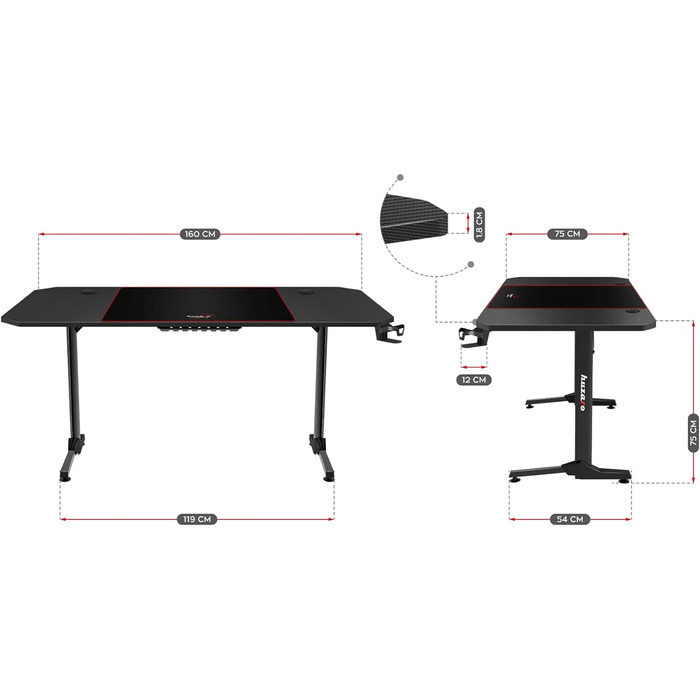 Ігровий стіл Huzaro Hero 4.7 XXL 160x75 см, карбон, з органайзером для кабелів та килимком для миші, чорний, для геймерів, комп'ютерний, офісний
